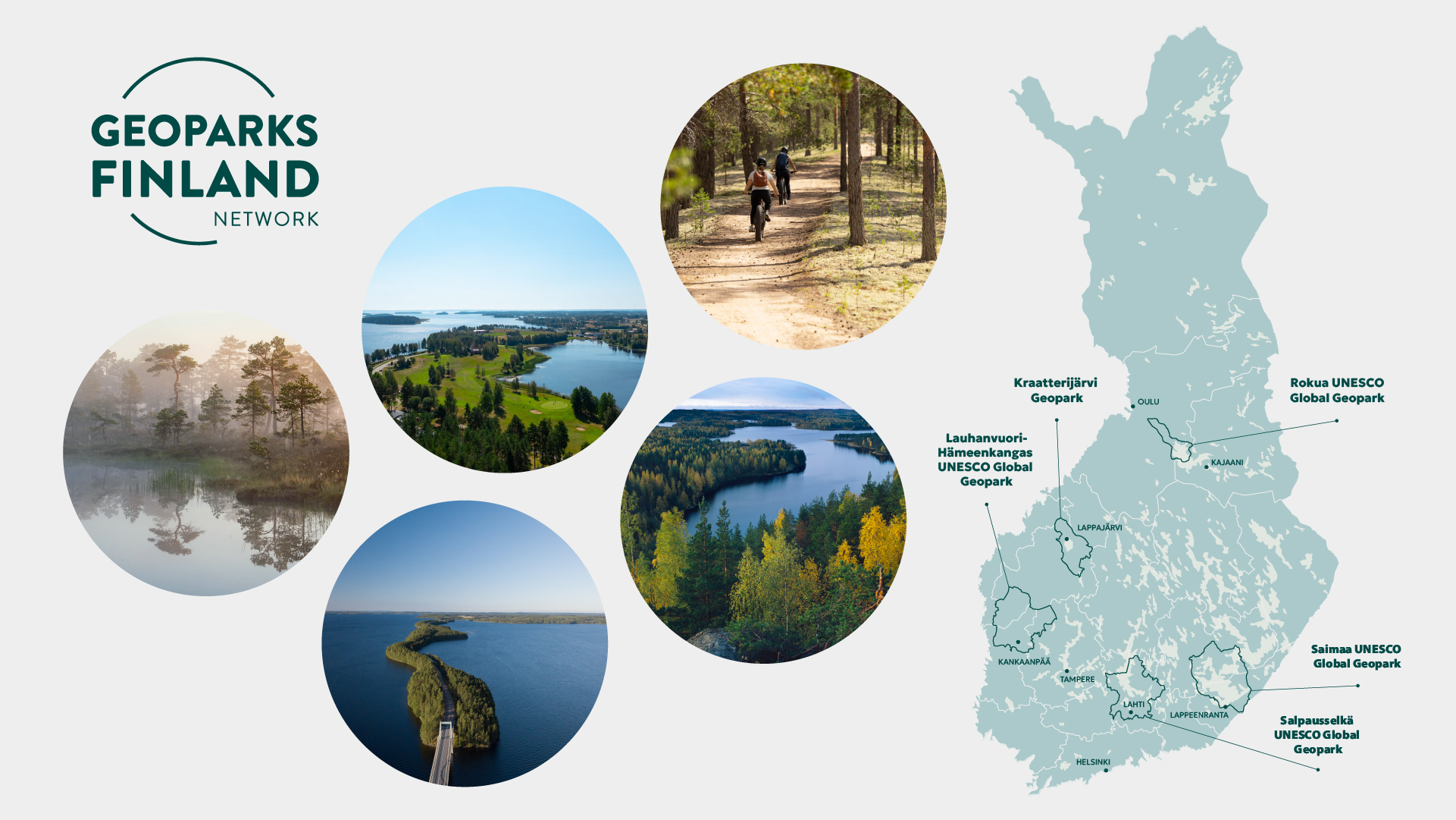Suomen kartta, jossa näkyy kaikki Suomen Geoparkit, mukana valokuvat Geoparkeista ympyränmuotoisina